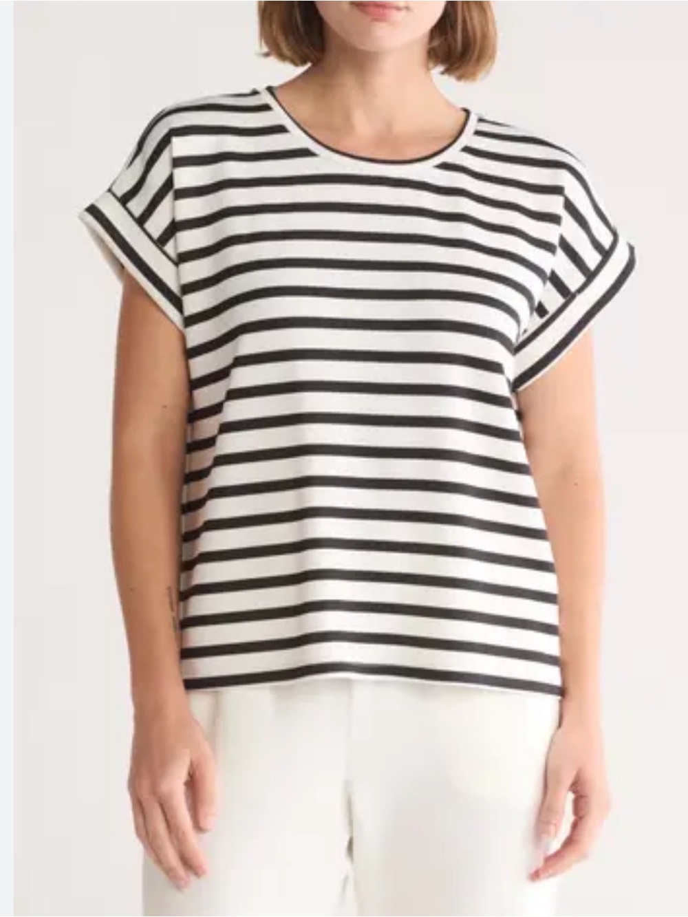 T by Tahari Black & White Striped “Scuba” top relaxed rolled sleeve